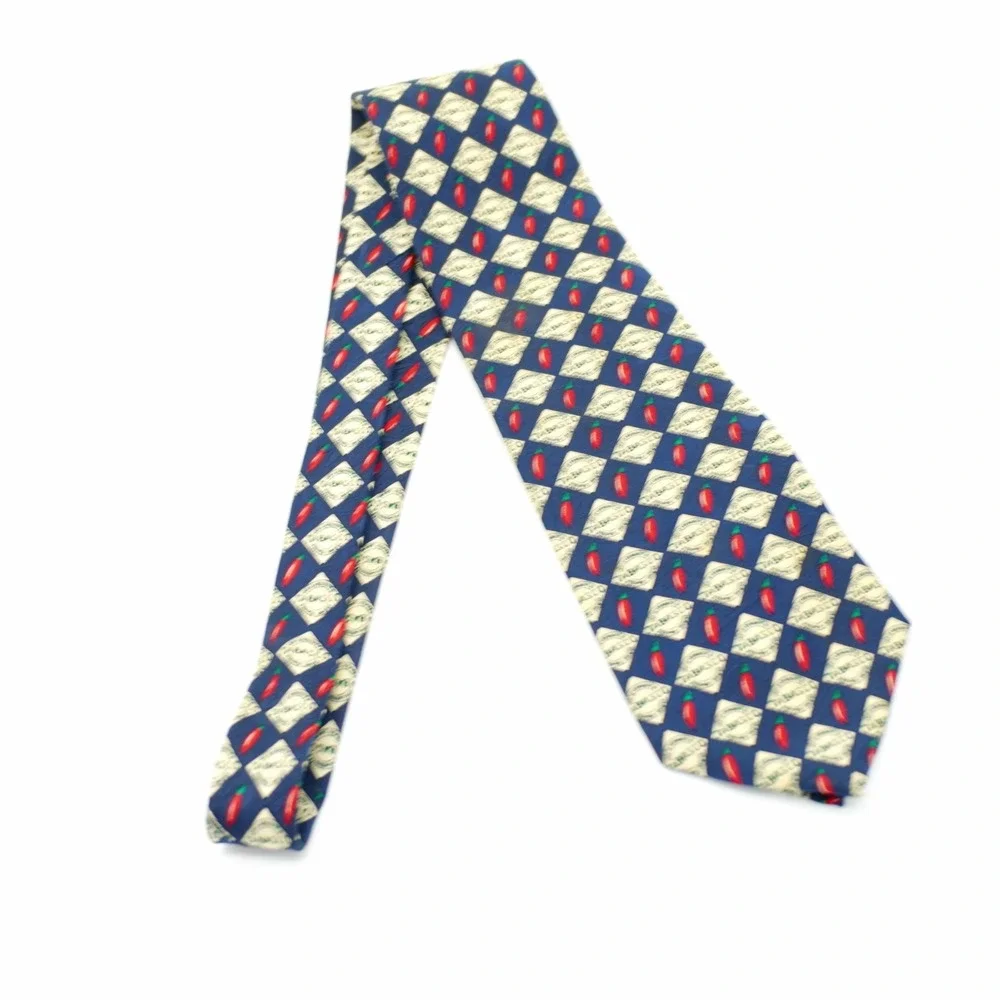 Tabasco Blue Pepper Silk Tie Wide Jacquard Print Green‎ Red